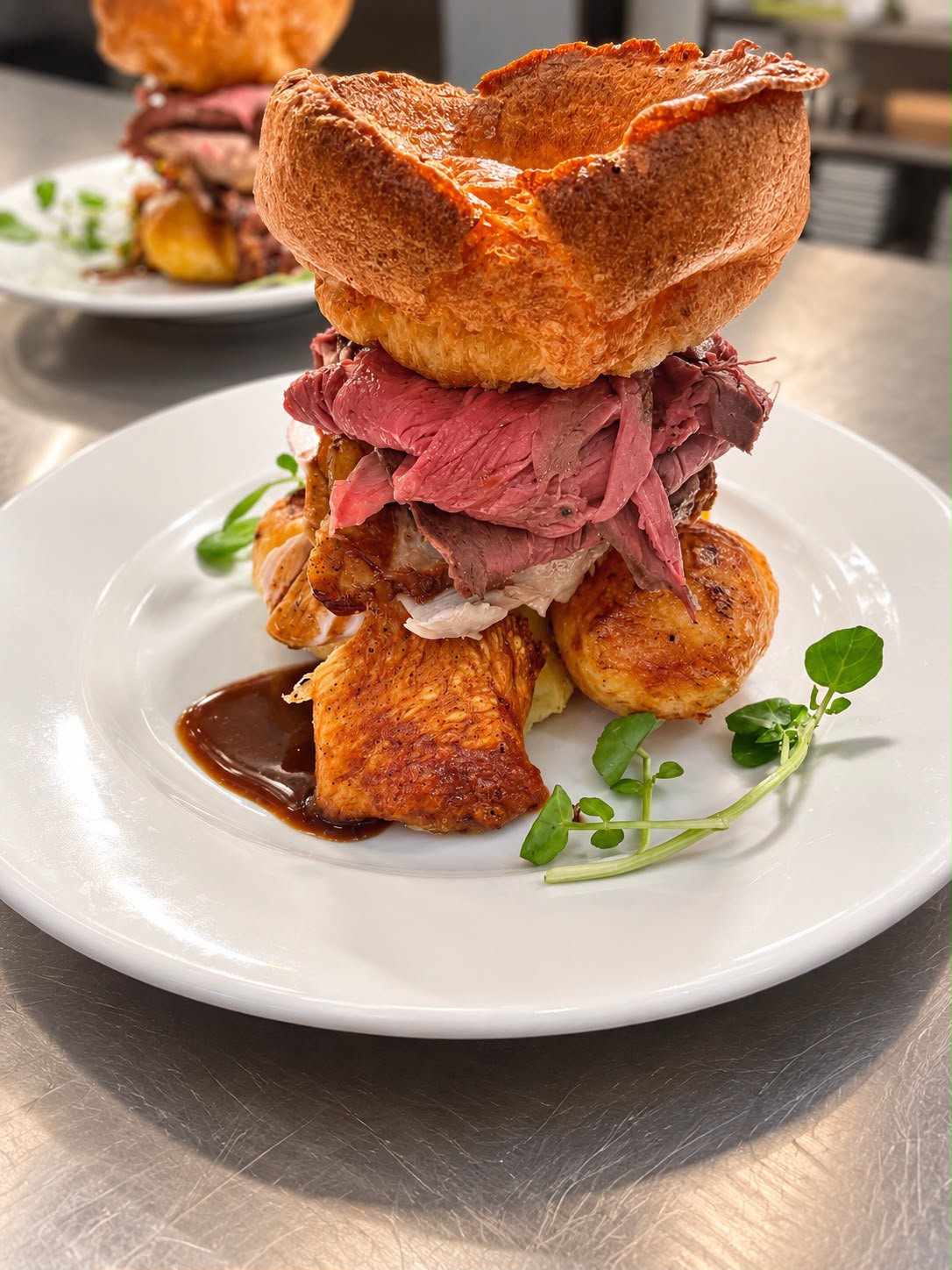 Salt beef stack with a Yorkshire pudding
