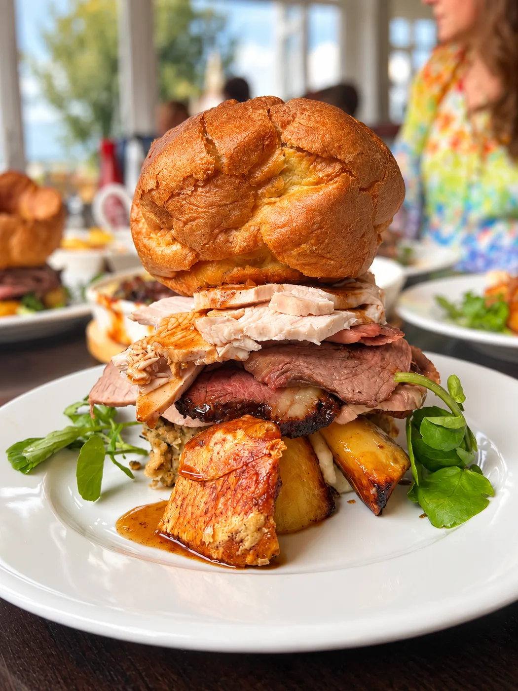 Sunday roast stacked high with beef, pork, turkey and a giant Yorkshire pudding