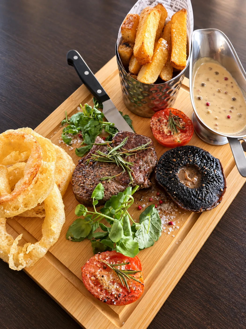 Steak with chunky chips, onion rings, peppercorn sauce and field mushroom